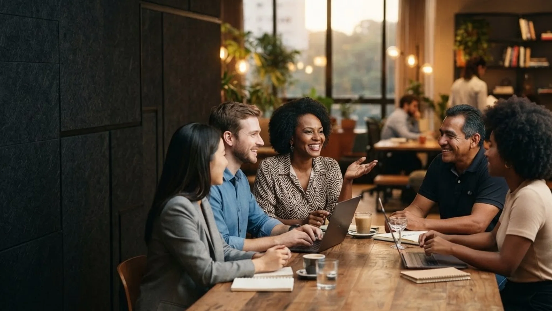 Equipe de profissionais em reunião de trabalho em um ambiente corporativo